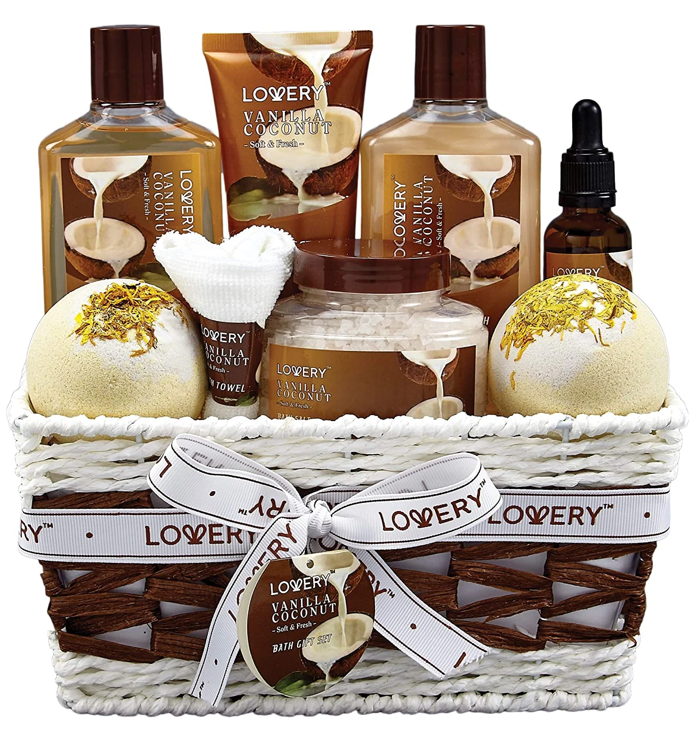 Bath and Body Gift Basket for Women and Men – 9 Piece Set of Vanilla Coconut Spa