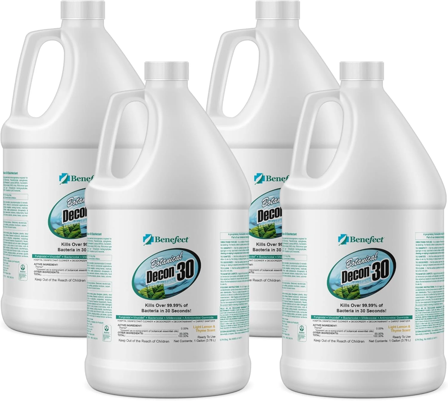 Benefect Botanical Decon 30 Disinfectant Cleaner – All Natural Formula for Effective Cleaning Power – Ideal for Restoration Jobs & Water Damage – 4 Gallons (4 Pack of 1-Gallons)