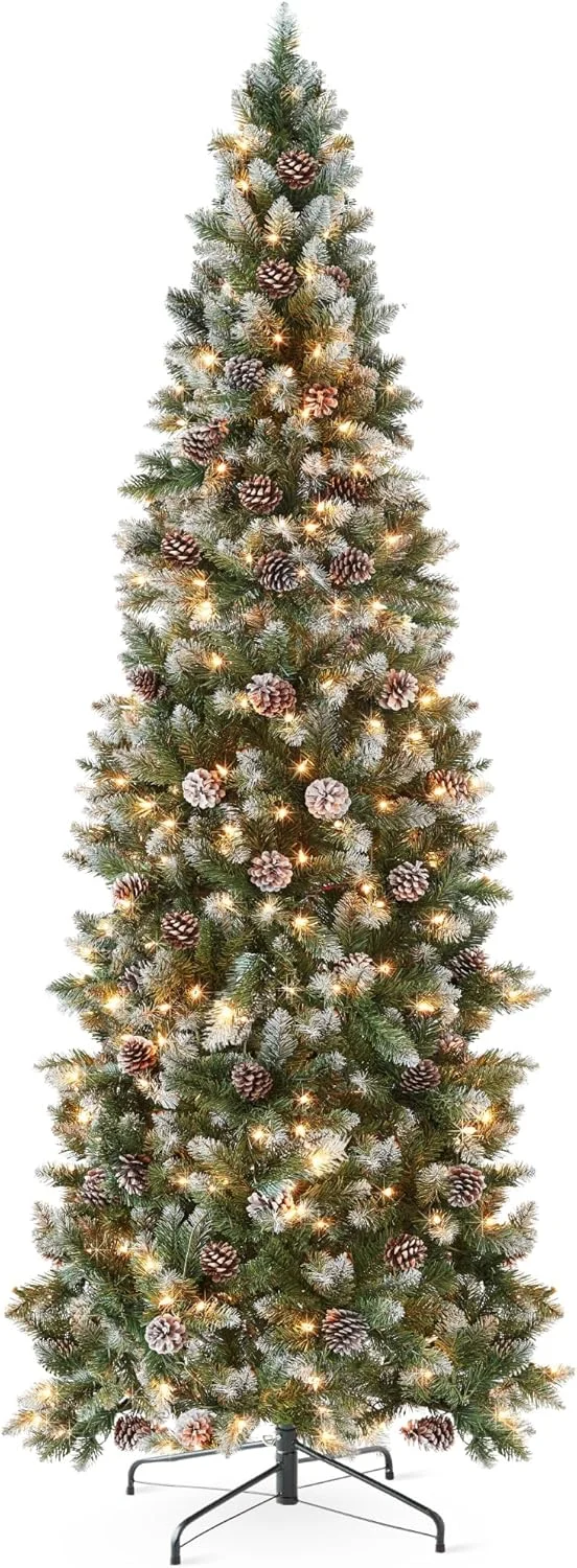 Best Choice Products 12ft Pre-lit Pencil Christmas Tree, Partially Flocked & Frosted Slim Holiday Tree Decoration, Skinny Xmas Tree, 700 Lights, 1,818 Frosted Tips, 128 Pine Cones, Foldable Stand