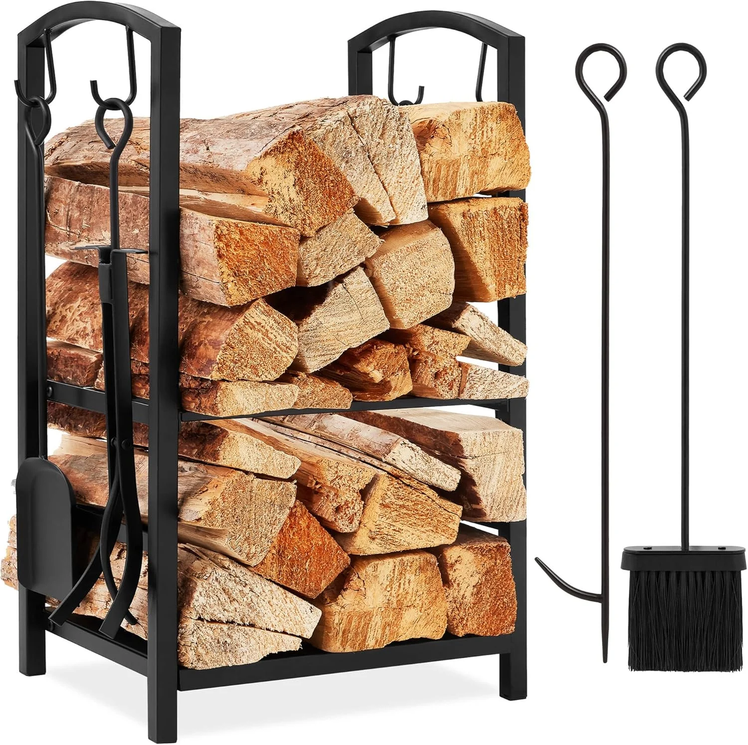 Best Choice Products 5-Piece Indoor Outdoor Wrought Iron Firewood Log Storage Rack Holder Firepit Tools Set for Fireplace, Fire Pit, Stove w/Hook, Broom, Shovel, Tongs – Black