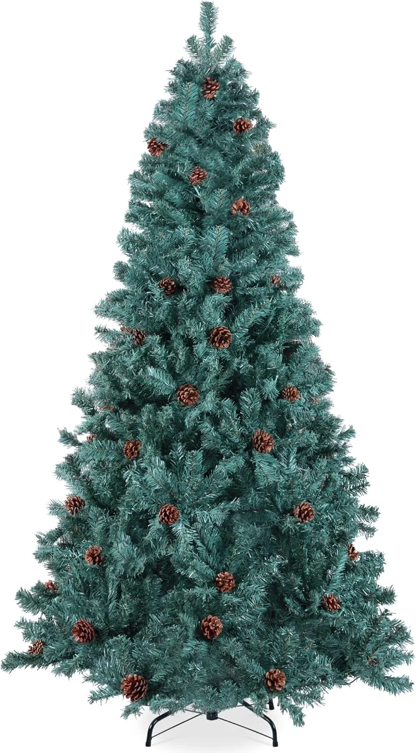 Best Choice Products 9ft Pre-Decorated Holiday Christmas Tree for Home, Office, Party Decoration w/2,028 Tips, Pinecones, Metal Base – Blue Spruce