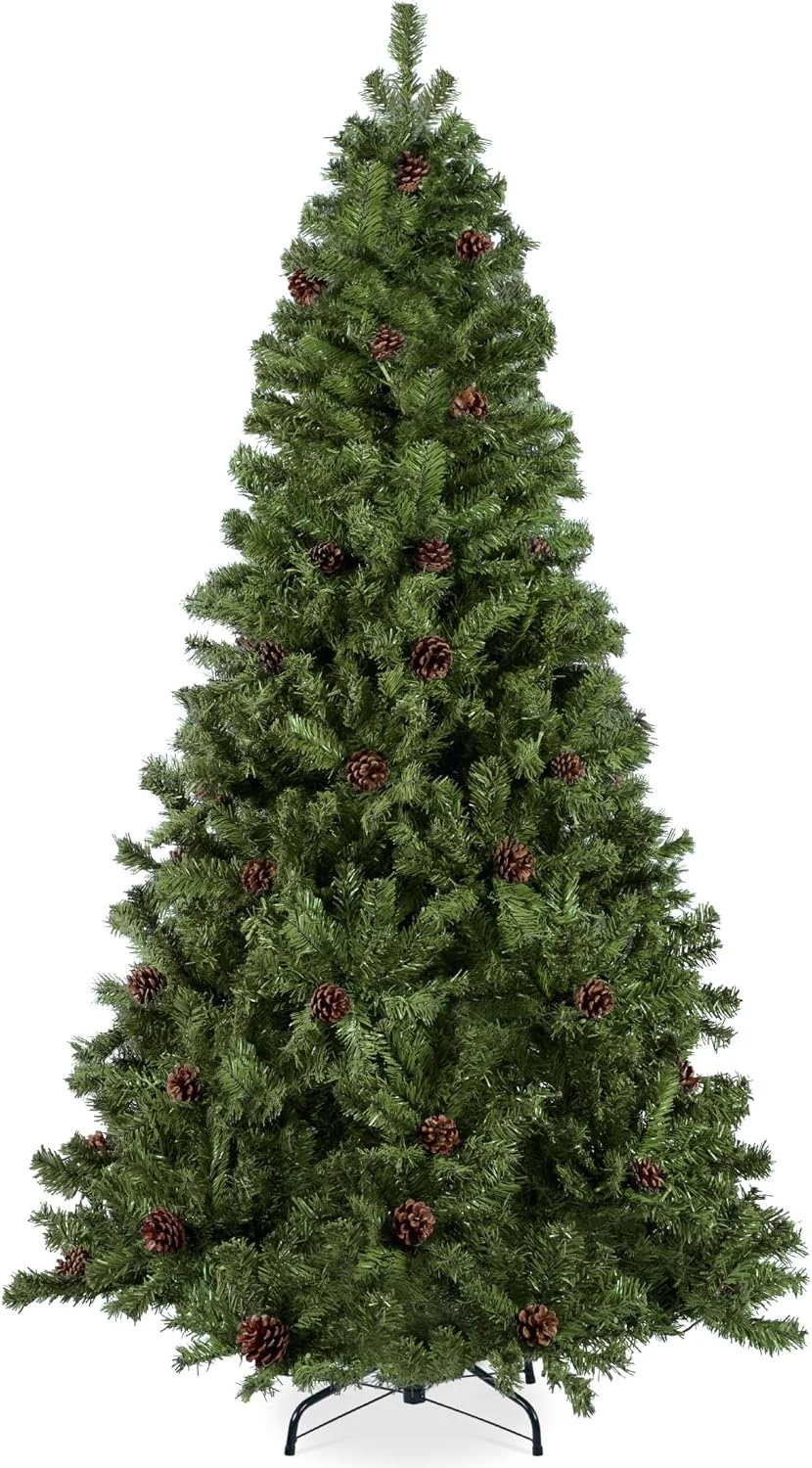 Best Choice Products 9ft Pre-Decorated Holiday Christmas Tree for Home, Office, Party Decoration w/2,028 Tips, Pinecones, Metal Base – Green