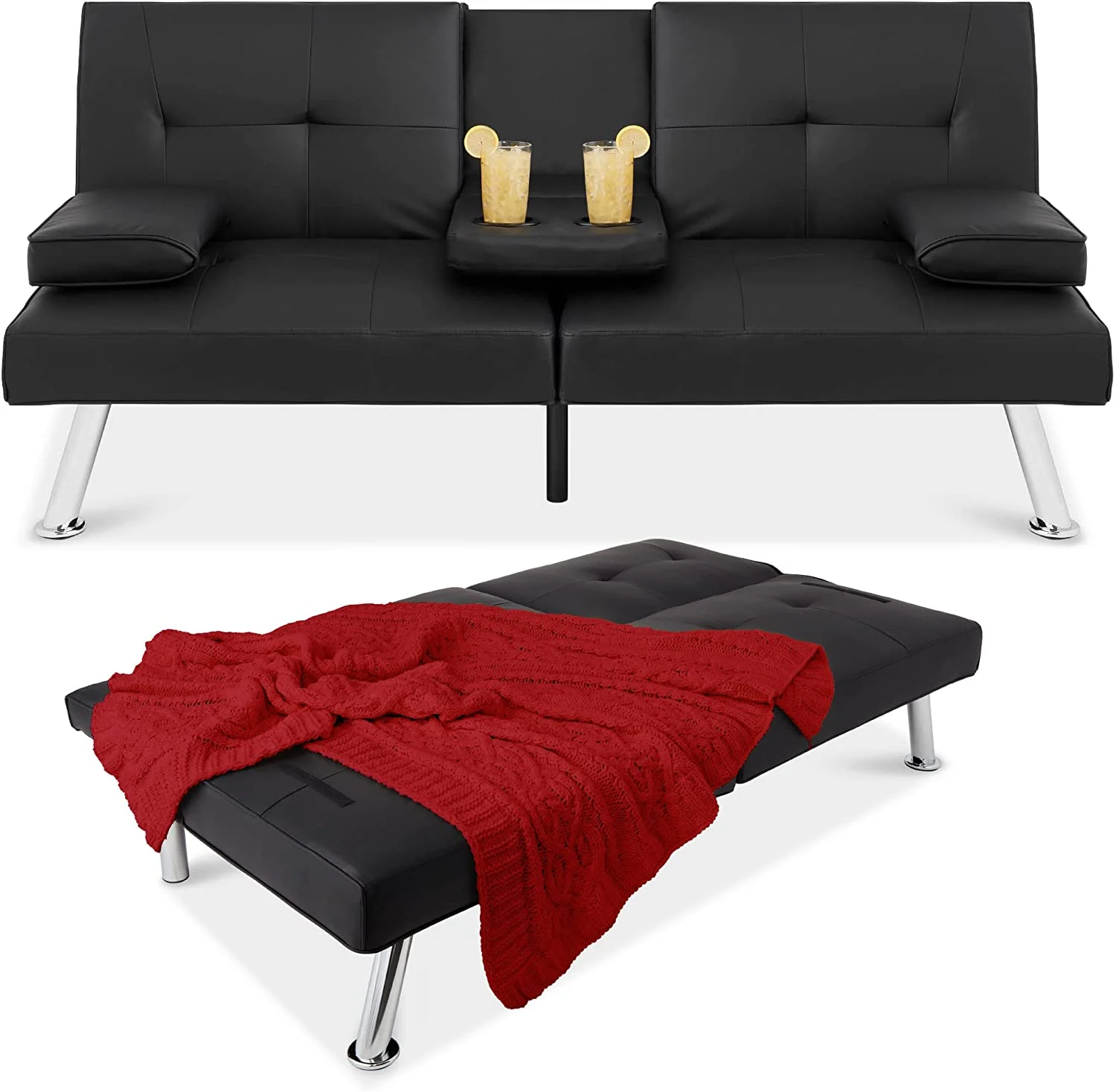 Best Choice Products Faux Leather Upholstered Modern Convertible Folding Futon Sofa Bed for Compact Living Space, Apartment, Dorm, Bonus Room w/Removable Armrests, Metal Legs, 2 Cupholders – Black