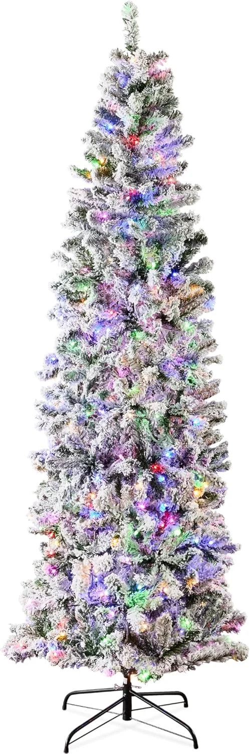 Best Choice Products Flocked Pencil Christmas Tree, Pre-Lit Slim 9ft Artificial Holiday Decoration, 2-in-1 White & Multicolor Lights, Lighted Decor