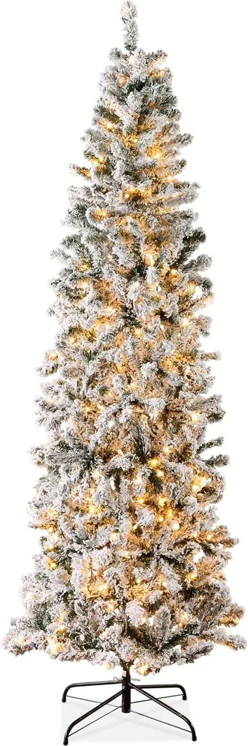 Best Choice Products Flocked Pencil Christmas Tree, Pre-Lit Slim Artificial Holiday Decoration, 9ft Lighted Skinny w/Base, Warm White Lights