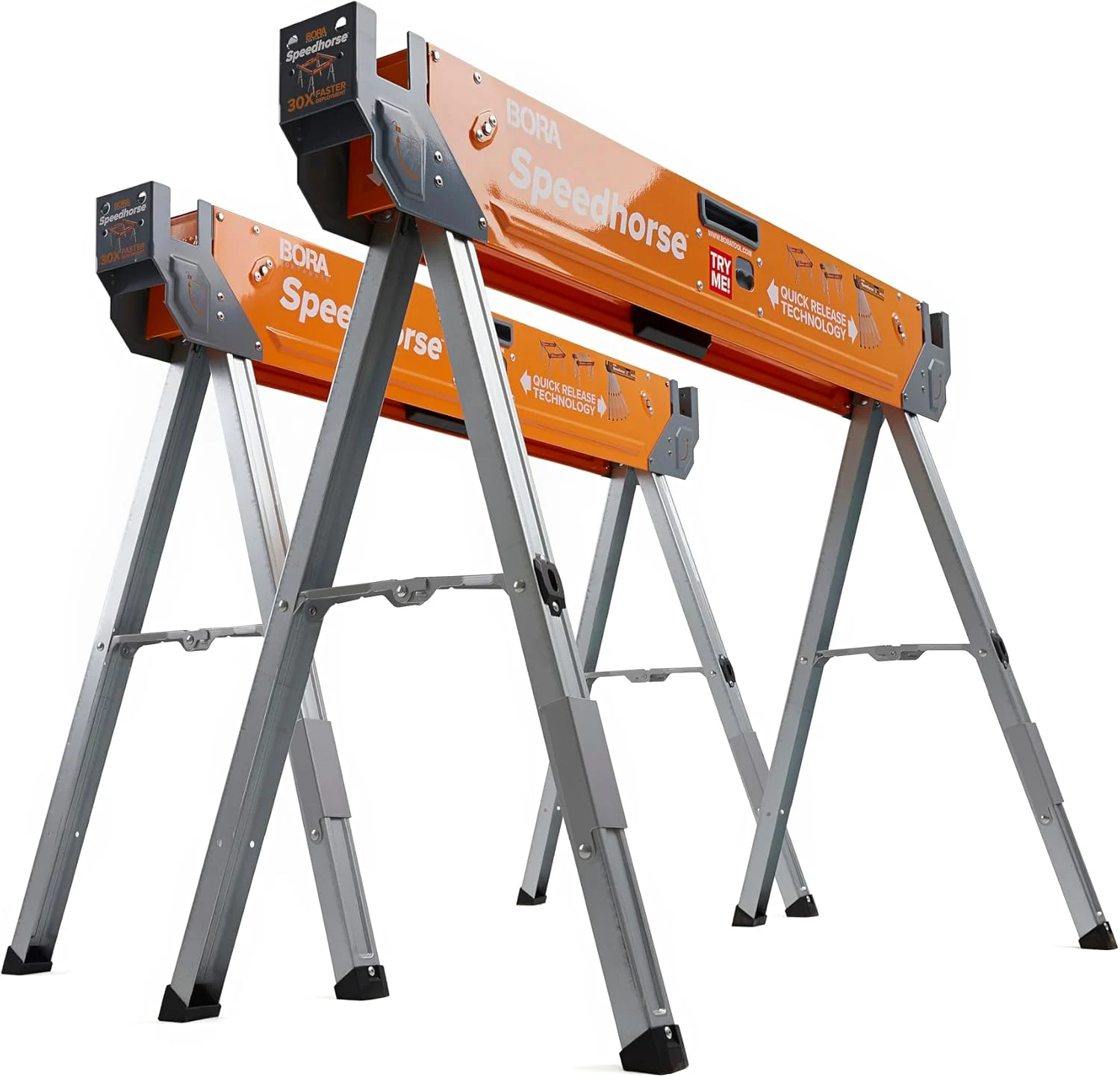 Bora Portamate Speedhorse Sawhorse Pair– Two Pack, Table Stand with Folding Legs, Metal Top for 2×4, Heavy Duty Pro Bench Saw Horse for Woodworking, Carpenters, Contractors, PM-4500T,Orange