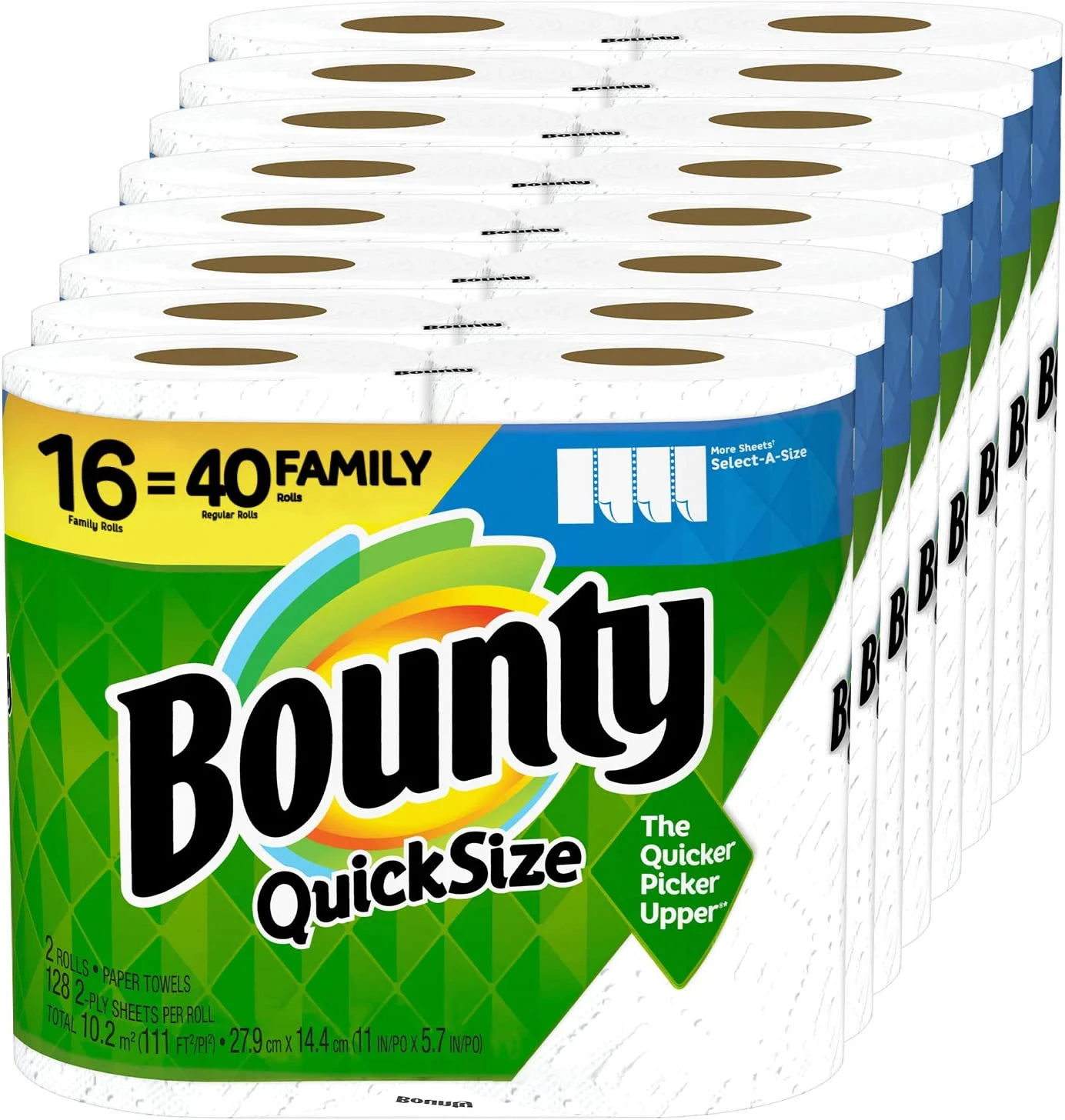 Bounty Quick-Size Paper Towels, White, 16 Family Rolls = 40 Regular Rolls