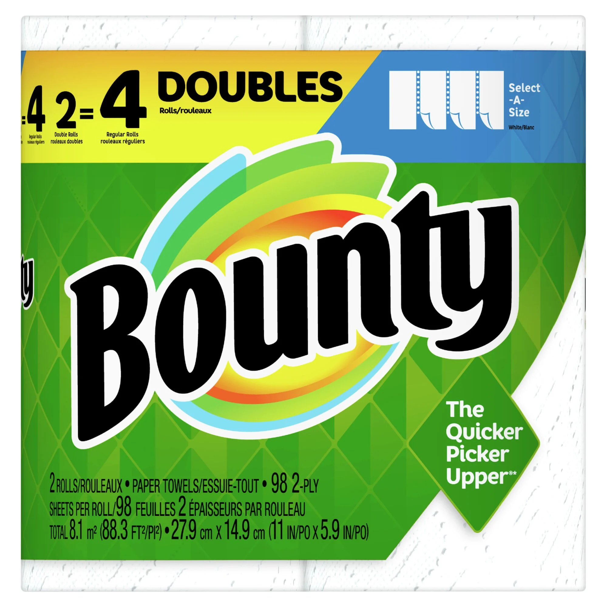 Bounty Select-A-Size 2-Ply Paper Towels, 11″ x 5-15/16″, White, 98 Sheets Per Roll, 2 Rolls Per Pack, Carton Of 12 Packs