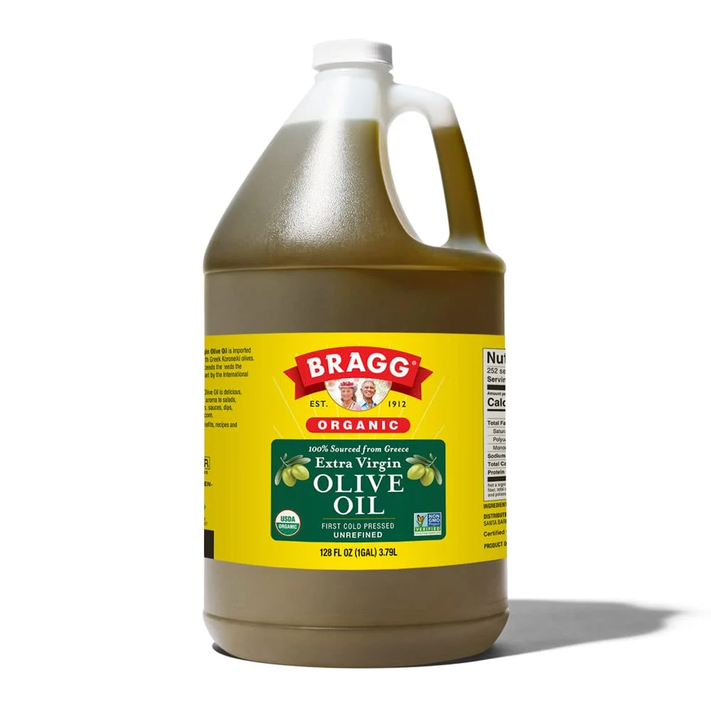 Bragg Organic Extra Virgin Olive Oil – Made with Greek Koroneiki Olives – Cold Pressed EVOO for Marinades & Vinaigrettes – USDA Certified, Non-GMO, Kosher (128 fluid Ounce)