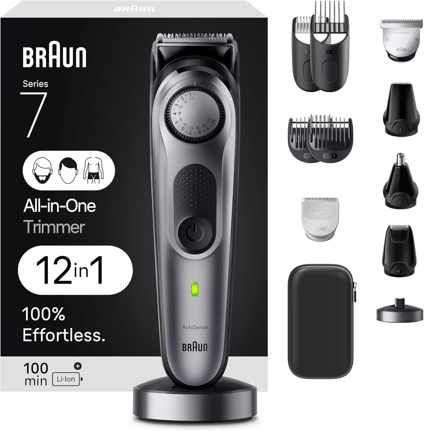Braun All-in-One Men’s Shaving Kit Series 7 7440, 12-in-1 Beard, Face, Nose, Ear Trimmer, Hair Clippers, Body Groomer and Manscaping + Travel Case + Charging Stand