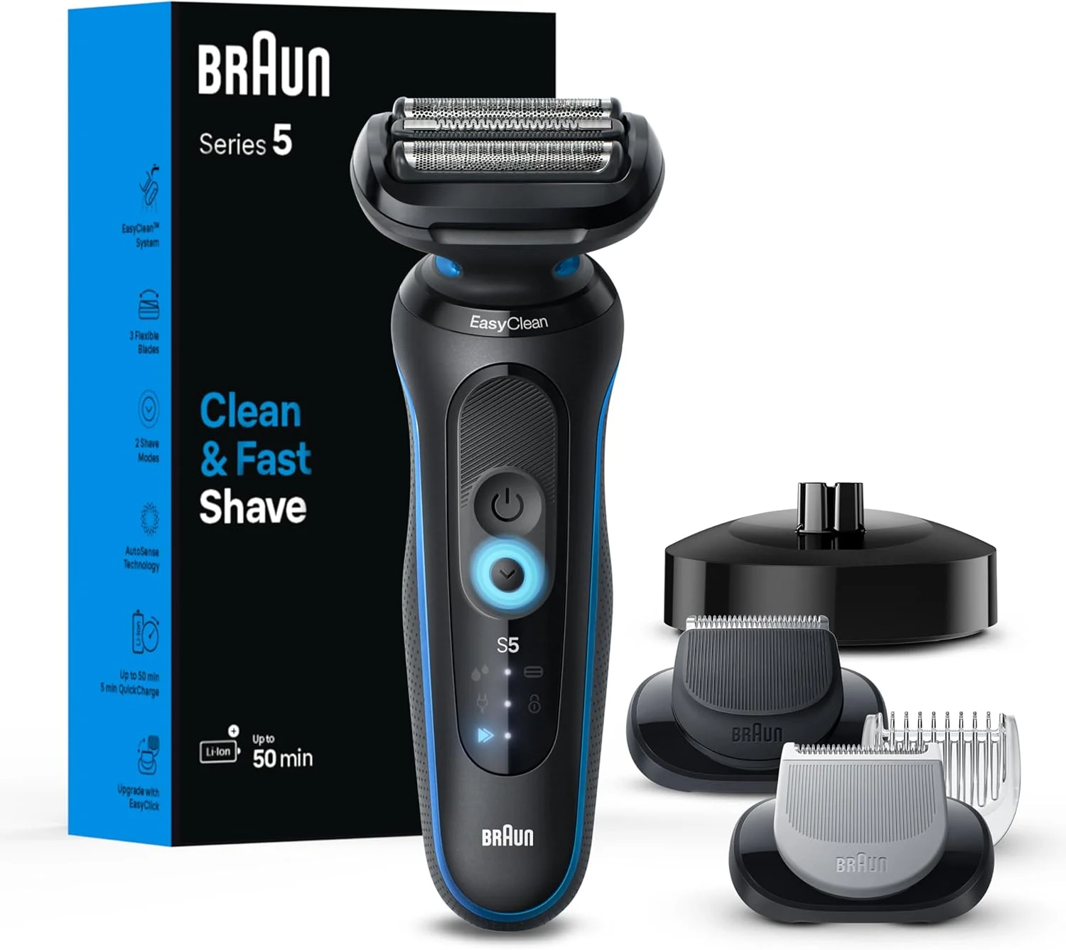 Braun Electric Shaver for Men, Series 5 5150cs, Wet & Dry Razor, Turbo Shaving Mode, Foil Shaver, with Beard Trimmer, Body Groomer and Charging Stand, Blue, Holiday Gifts for Men