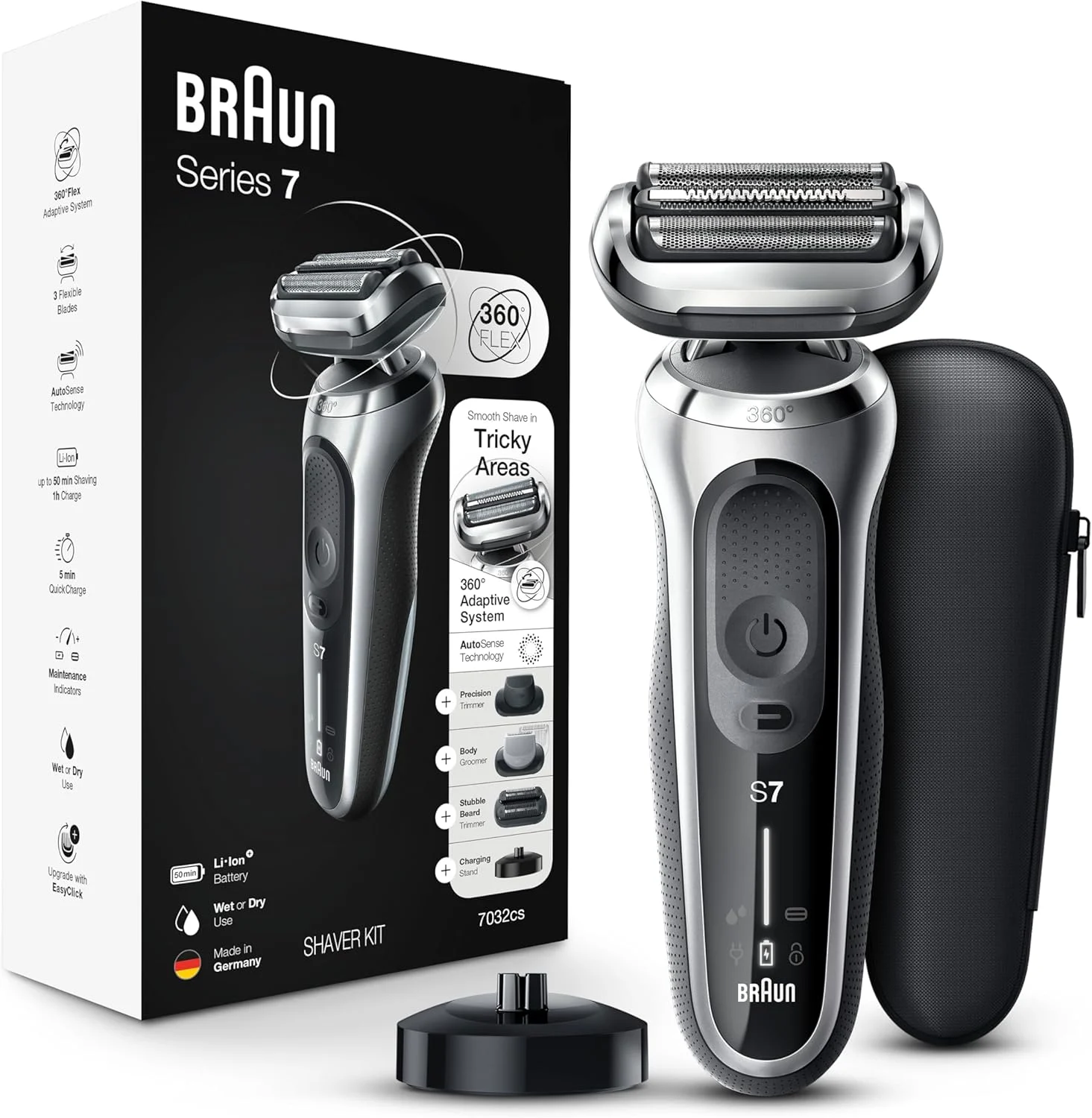 Braun Series 7 7032cs Flex Electric Razor for Men, Wet & Dry, Electric Razor, Rechargeable, Cordless Foil Shaver with Beard Trimmer and Charging Stand, Silver