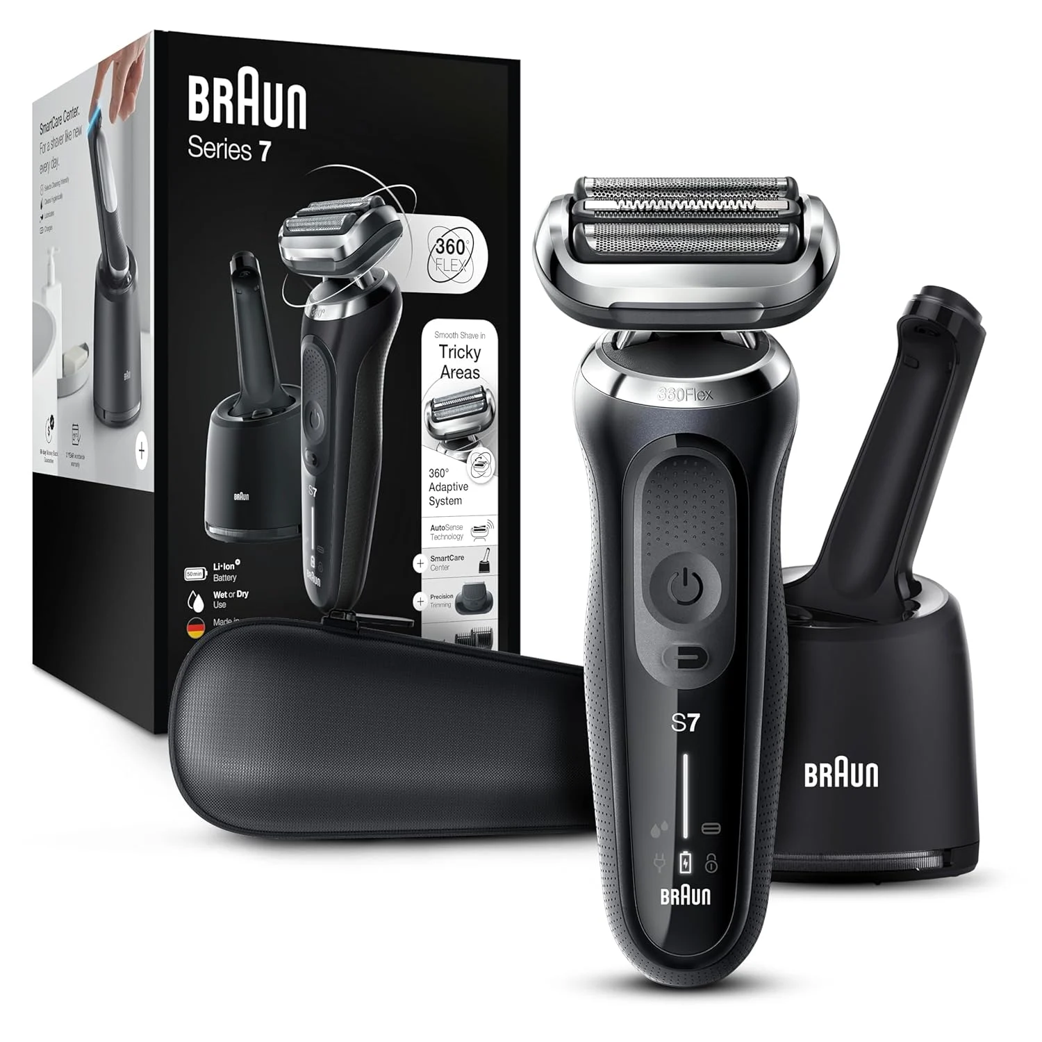 Braun Series 7 7075cc Electric Razor for Men with SmartCare Center, Beard Trimmer, Wet & Dry, Rechargeable, Cordless Foil Shaver, Black