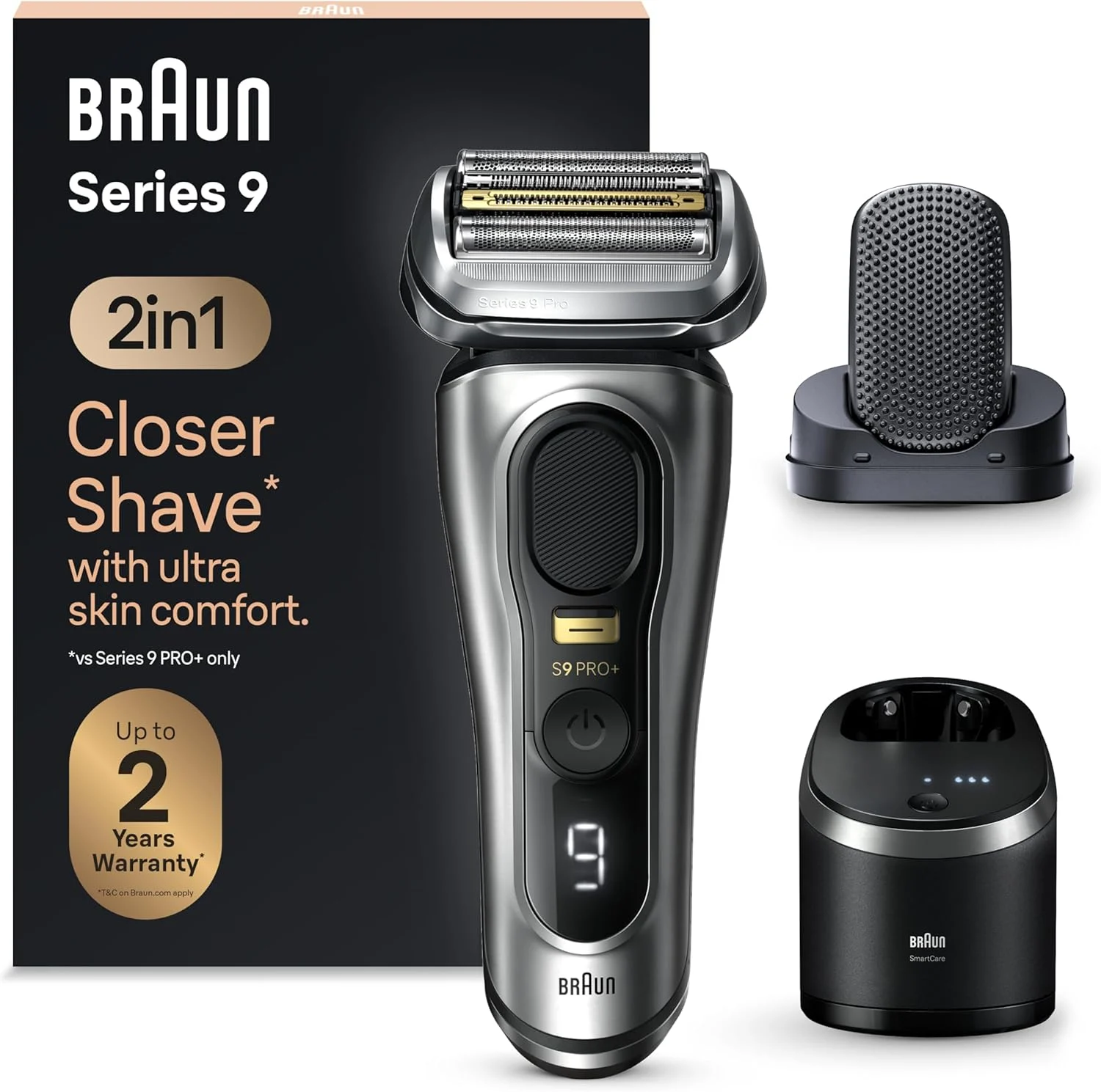 Braun Series 9 PRO+ Electric Razor for Men, 5 Pro Shaving Elements and Shave-Preparing ProComfort Head for Closeness & Skin Comfort, 6in1 SmartCare Center, Wet or Dry Shaver, Charging Stand, 9597cc