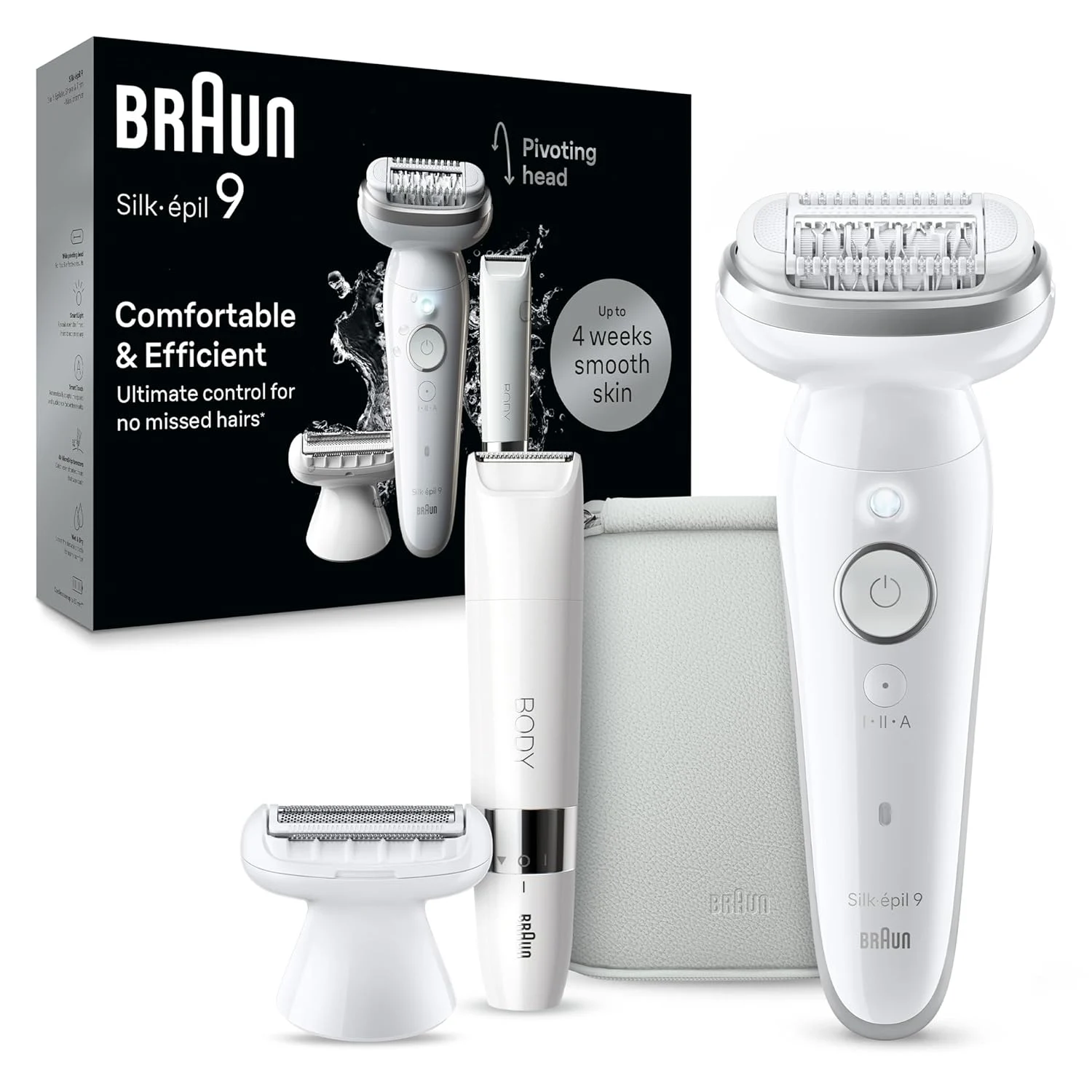 Braun Silk-épil 9 Epilator, Pivoting Head, Wet and Dry, Includes Body Trimmer, Shaver Head and Trimmer Comb, SES9-441