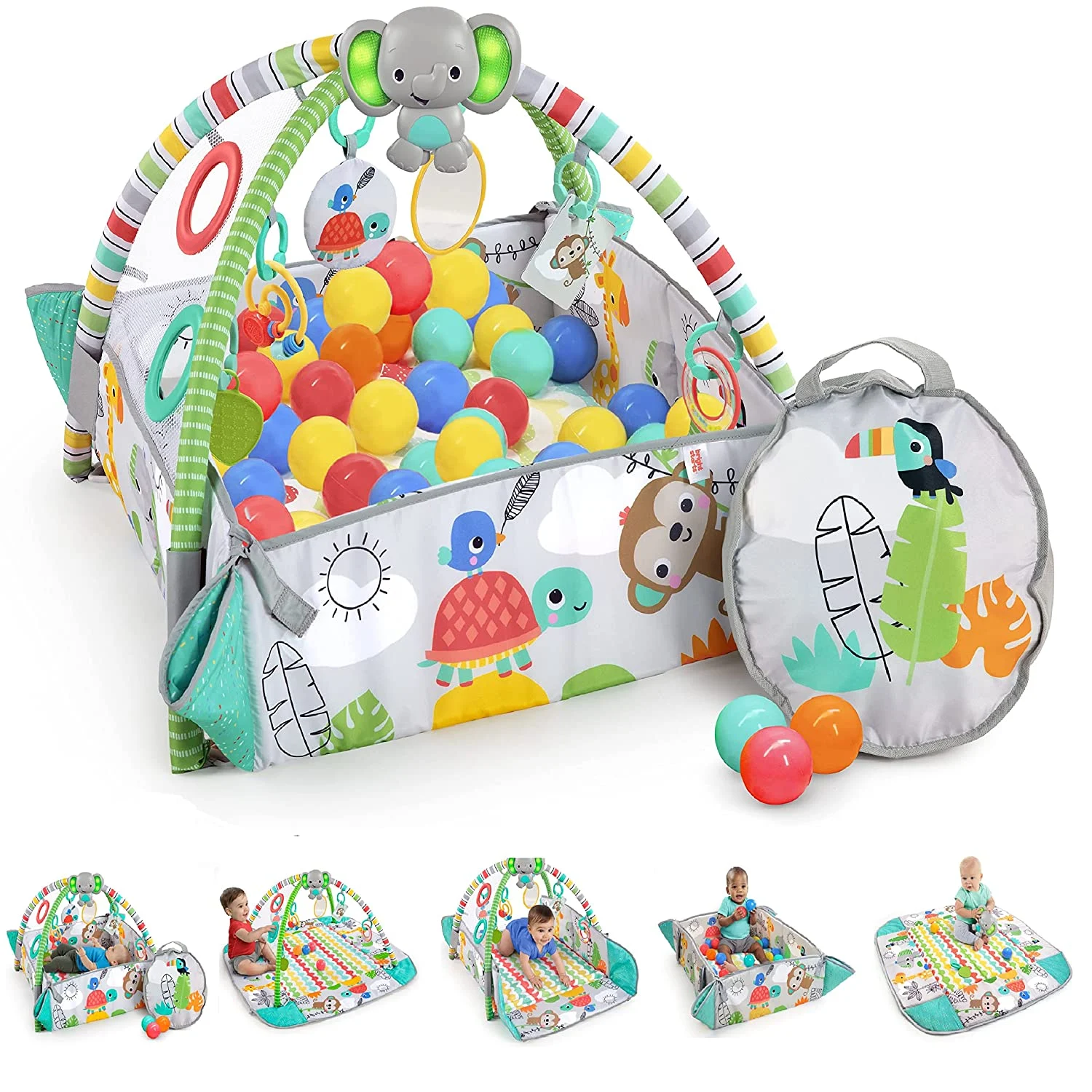 Bright Starts 5-in-1 Your Way Ball Play – Jumbo Play Mat Converts to Ball Pit Baby Gym, Newborn to Toddler – Totally Tropical (Green)