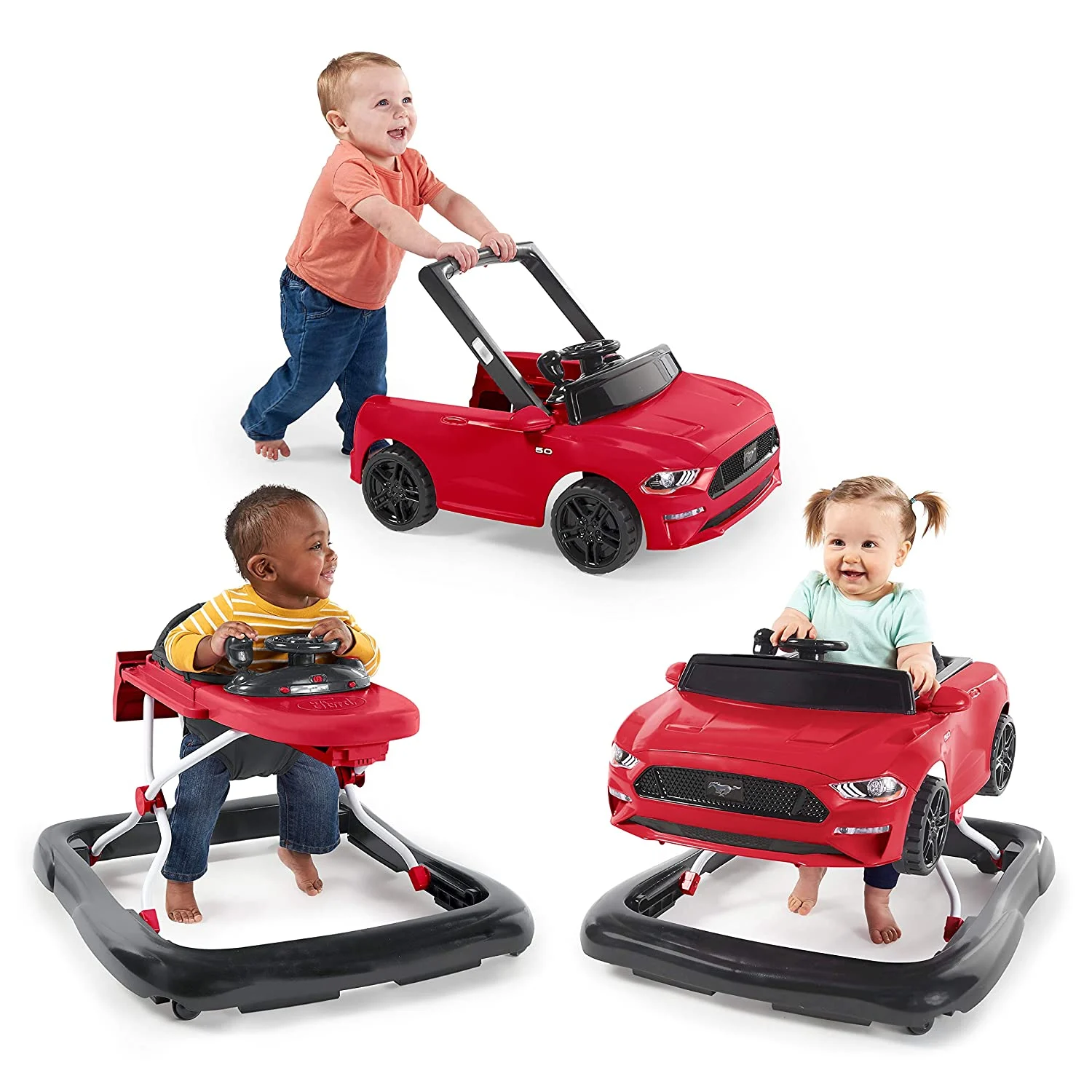 Bright Starts Ways to Play 4-in-1 Walker – Ford Mustang, Red, Ages 6 Months +, Red