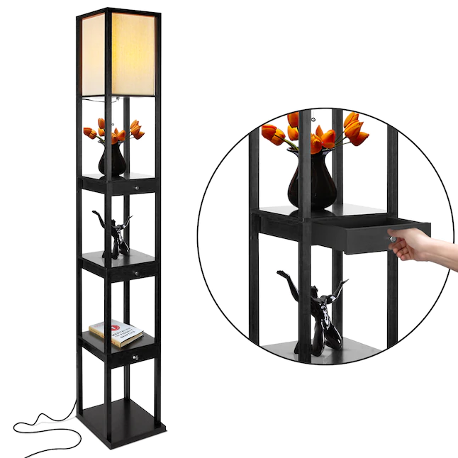 Brightech 72-in Classic Black Shelf Floor Lamp – Modern Shelf Floor Lamp with Drawer – Corner Display Floor Lamps with Shelves for Living Room, Bedroom and Office – Black