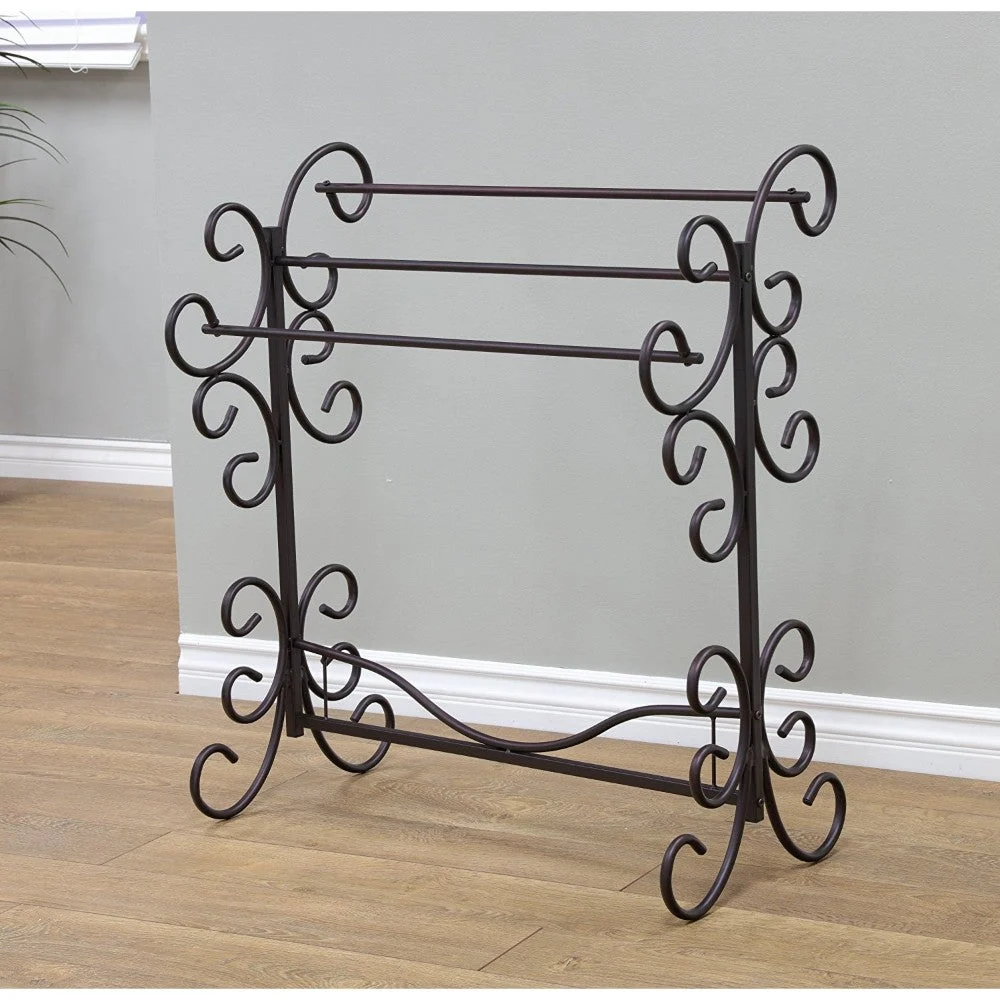 Benzara C482-MTL0016 Free Standing Metal Blanket Rack With Scroll work, Black