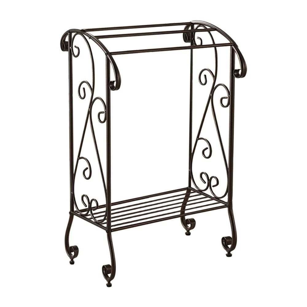 Benzara C482-MTL0018 Free Standing Metal Towel Rack Stand With Shelf, Brown