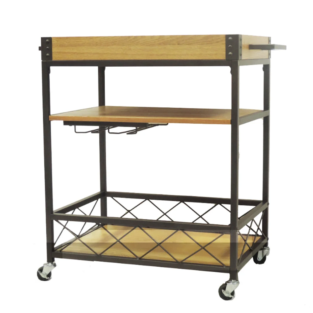 Benzara C490-ZUH0001 Kitchen Mobile Serving Bar Cart With Shelves And Wine Glass Holder, Brown And Black