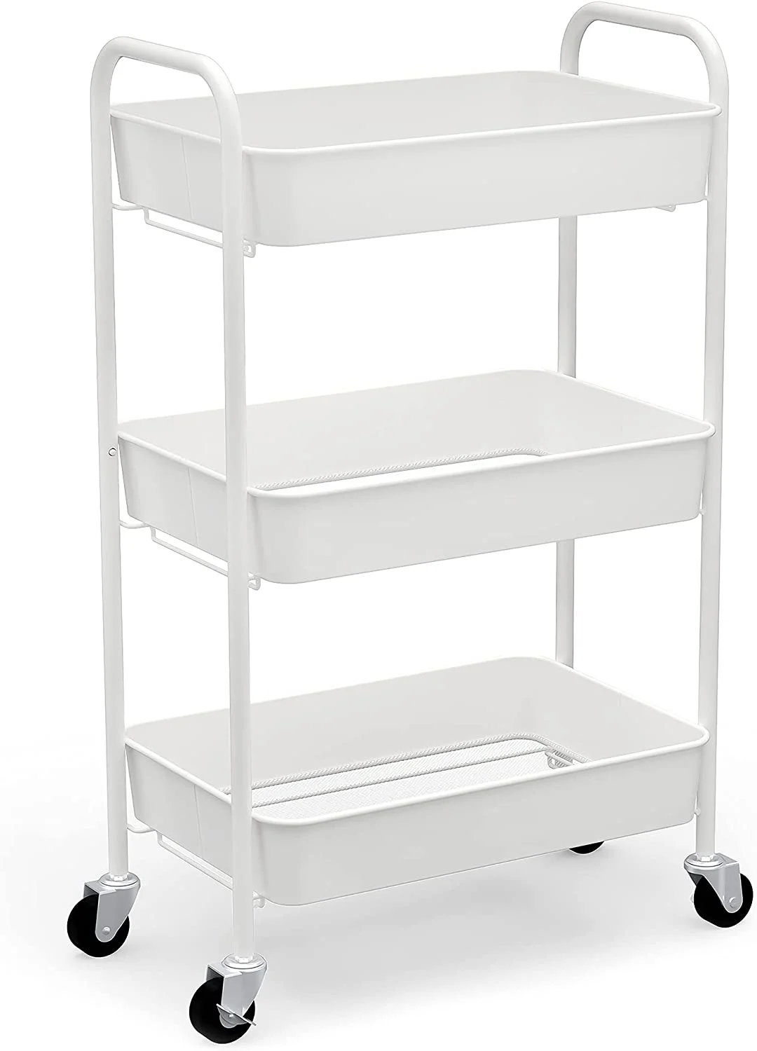 CAXXA 3-Tier Rolling Metal Storage Organizer – Mobile Utility Cart Kitchen Cart with Caster Wheels, White
