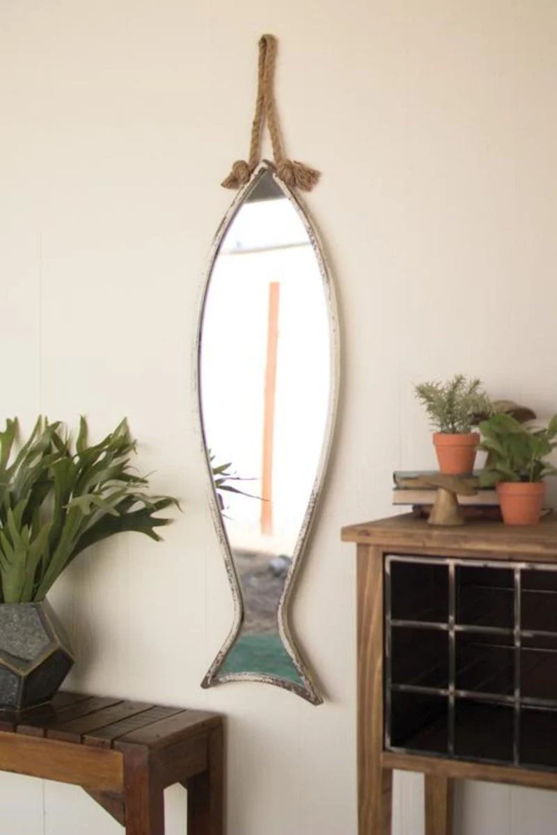 Vertical Fish Mirror with Rope Hanger 39.8"H – White Coastal Wall Mirror by Kalalou