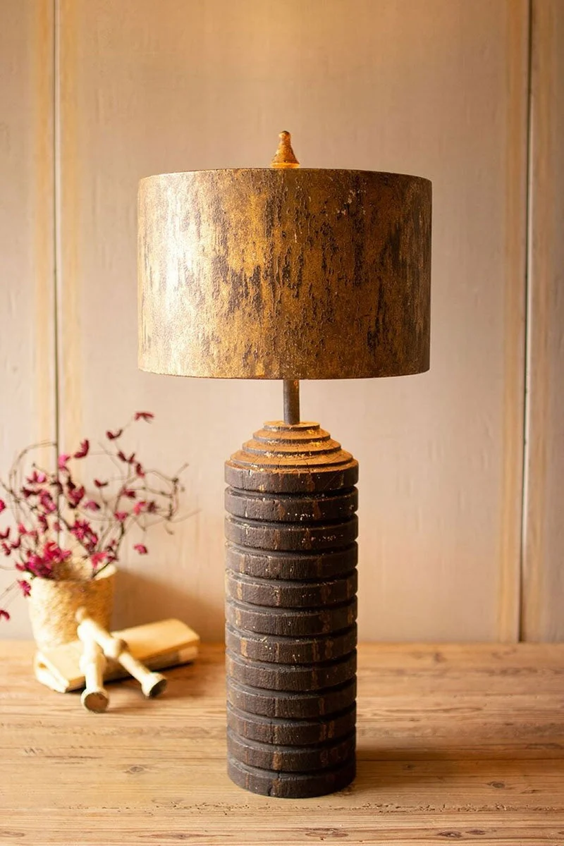 Kalalou CCG1637  Wooden Table Lamp With Antique Gold Metal Shade