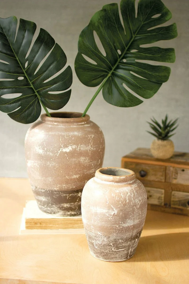 Ceramic Two-Toned Urns, 12" Tall, White-Washed Finish, Decorative Tan Ceramic (Set of Two) by Kalalou