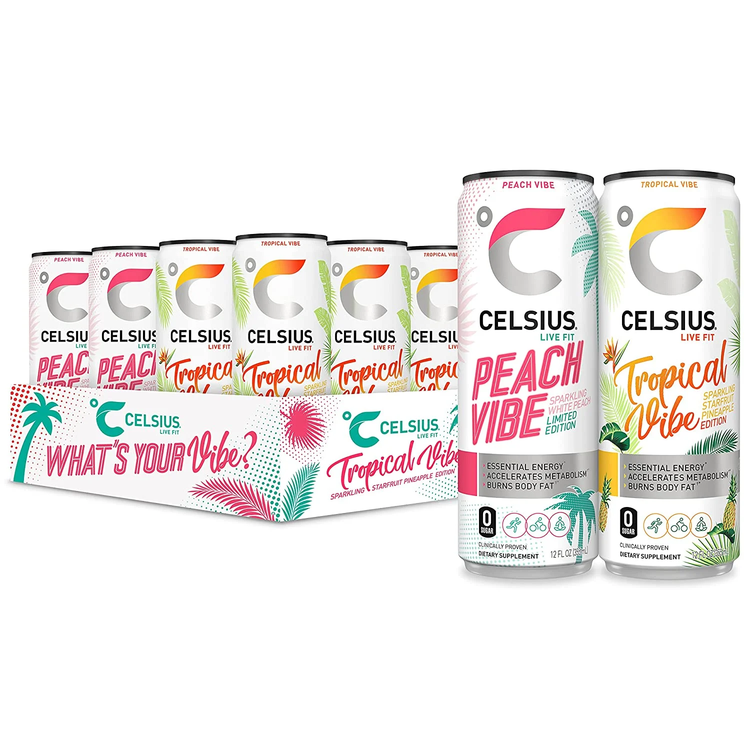 CELSIUS Essential Energy Drink, 12 Fl Oz, What’s Your Vibe Variety Pack (Pack of 12)