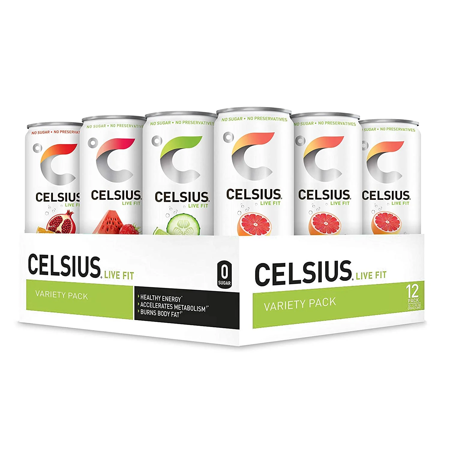 CELSIUS Sweetened with Stevia Fitness Drink 4-Flavor, Zero Sugar, 144 Fl Oz (Pack of 12)