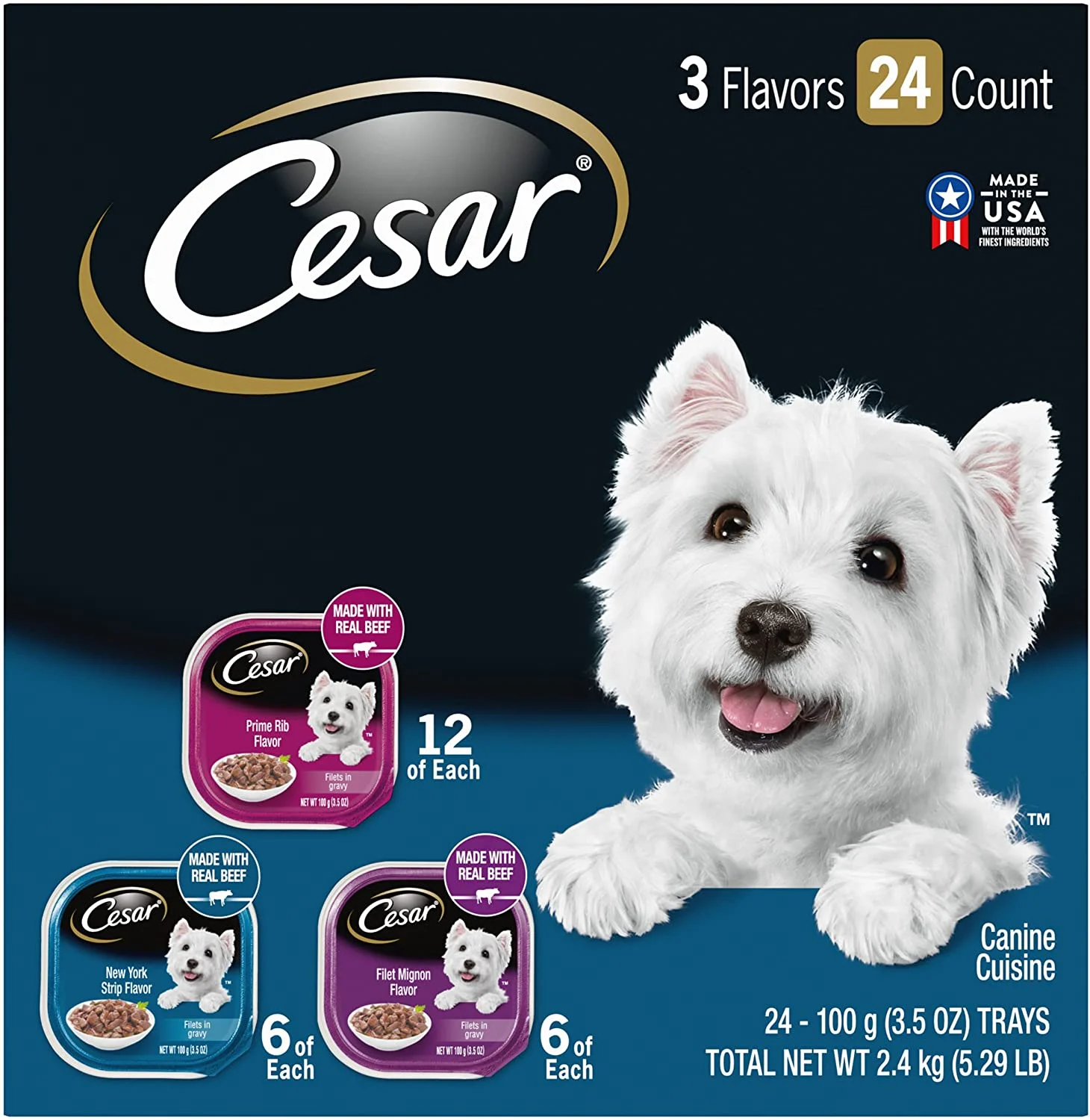 CESAR Adult Soft Wet Dog Food Filets in Gravy Variety Pack, Filet Mignon, New York Strip and Prime Rib Flavors, (24) 3.5 oz. Trays