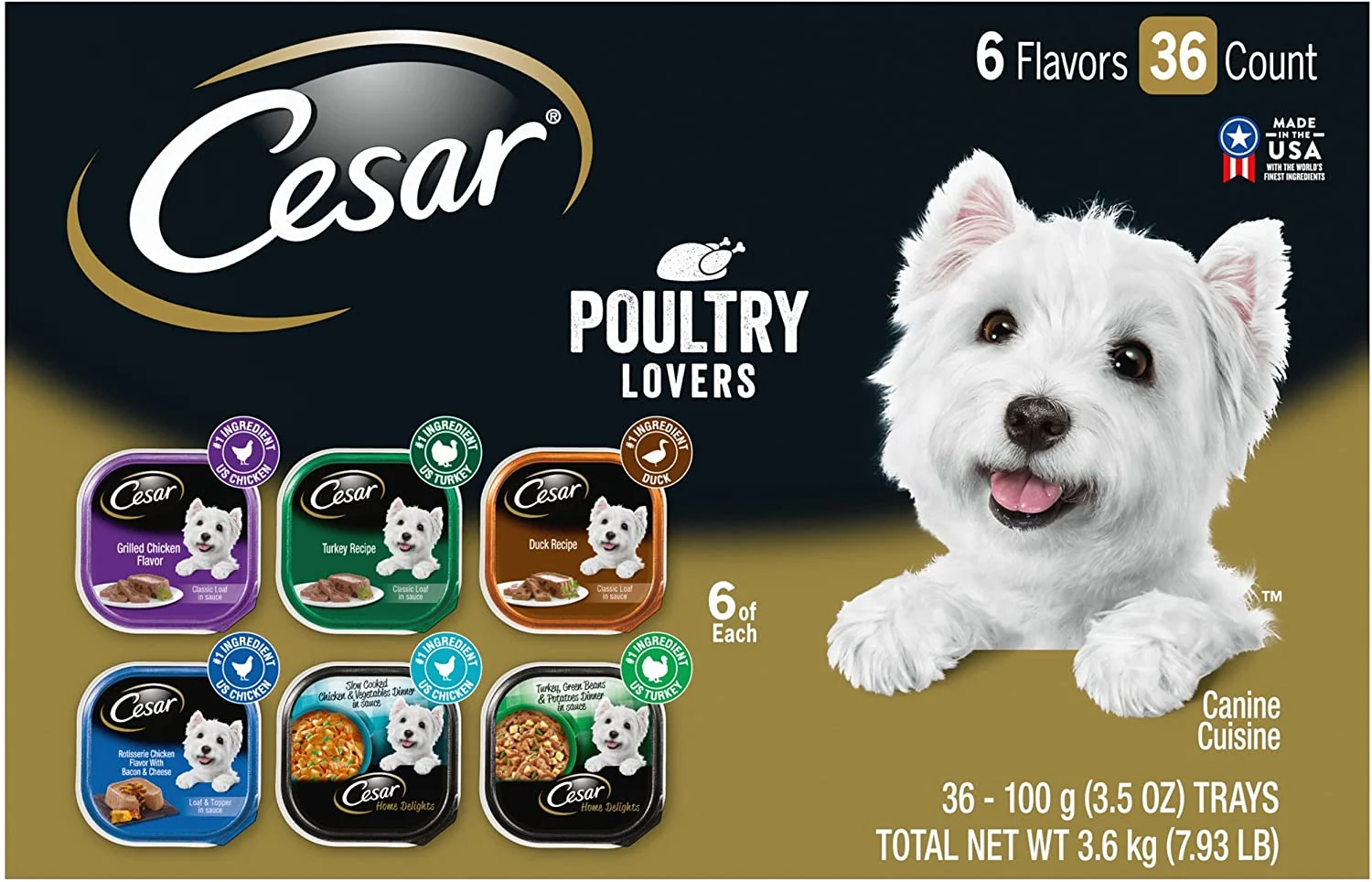 CESAR Soft Wet Dog Food Classic Loaf in Sauce Steak and Chicken Lovers Variety Pack, 6 Flavours – 36 Count