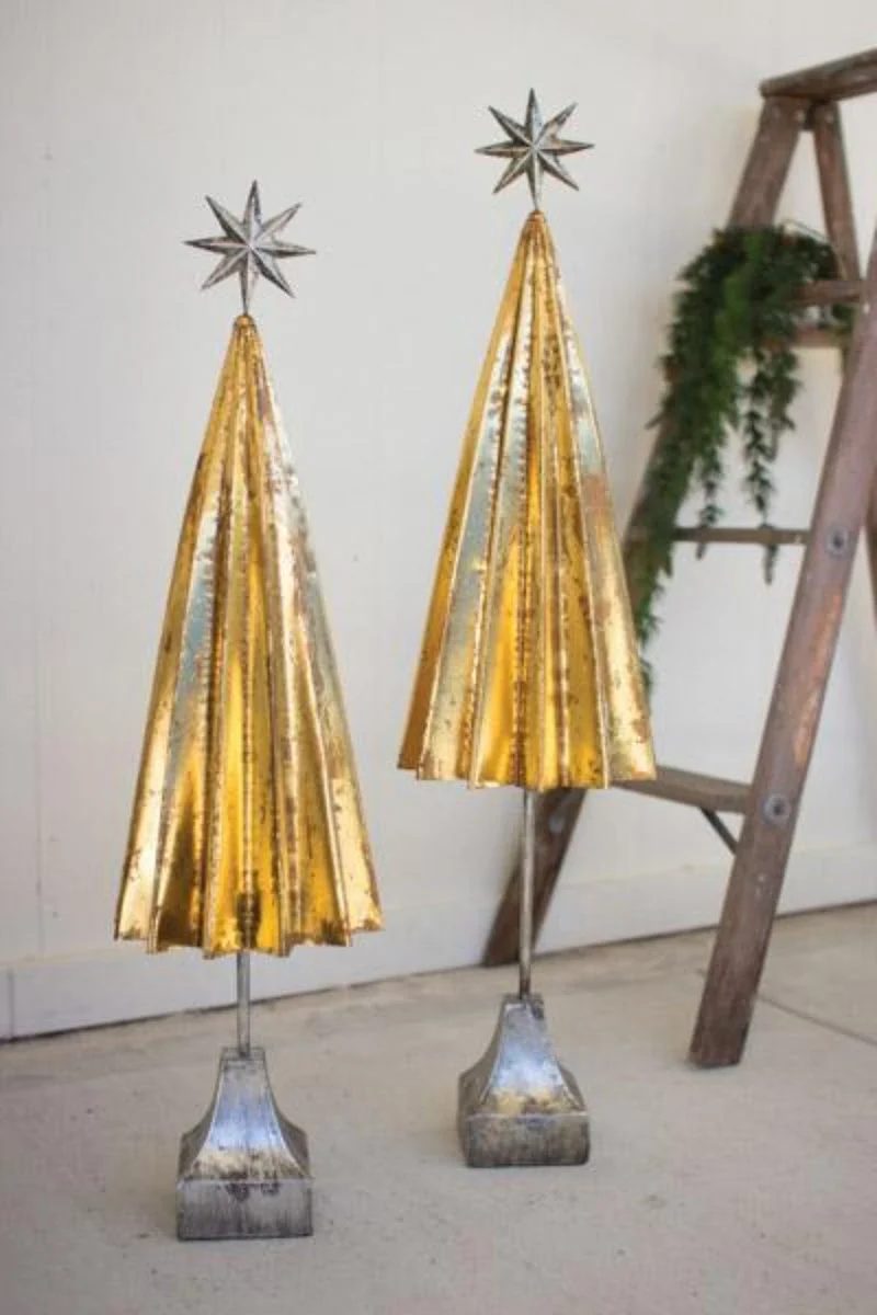 Christmas Folded – 34.25" Set of 2 Metal Trees Gold with Silver Star Holiday Decor by Kalalou