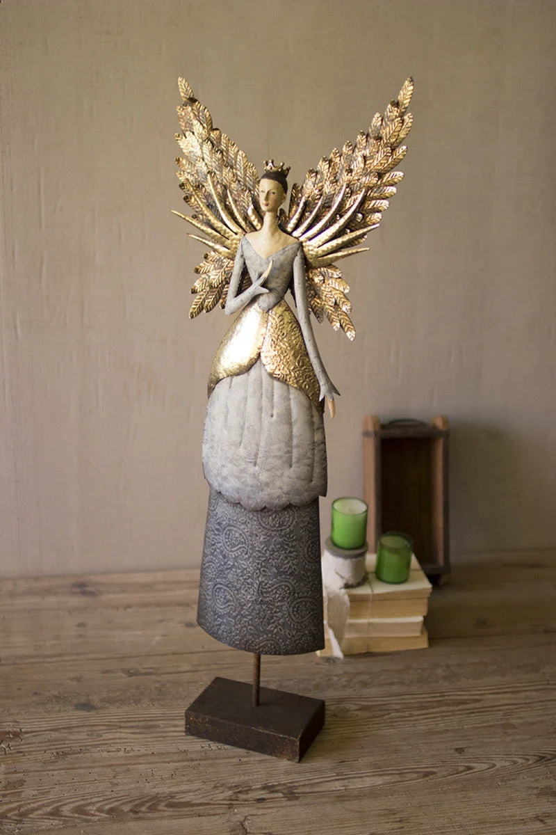 Christmas Painted Metal Angel, 38" Tall Decorative Sculpture in Gold and Bronze Finish by Kalalou