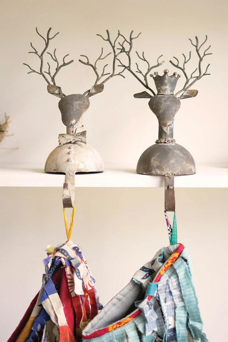 Metal Deer Stocking Holders Gray White-Washed- 14 inch Holiday Decor by Kalalou