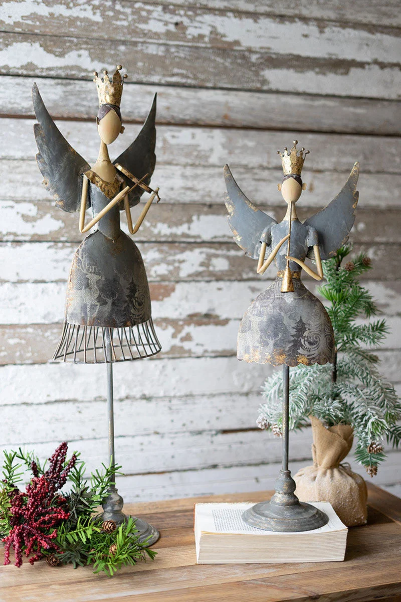 Metal Angels Playing Musical Instruments, 31.5" Tall, Distressed Gray with Gold Accents, Set of 2 by Kalalou