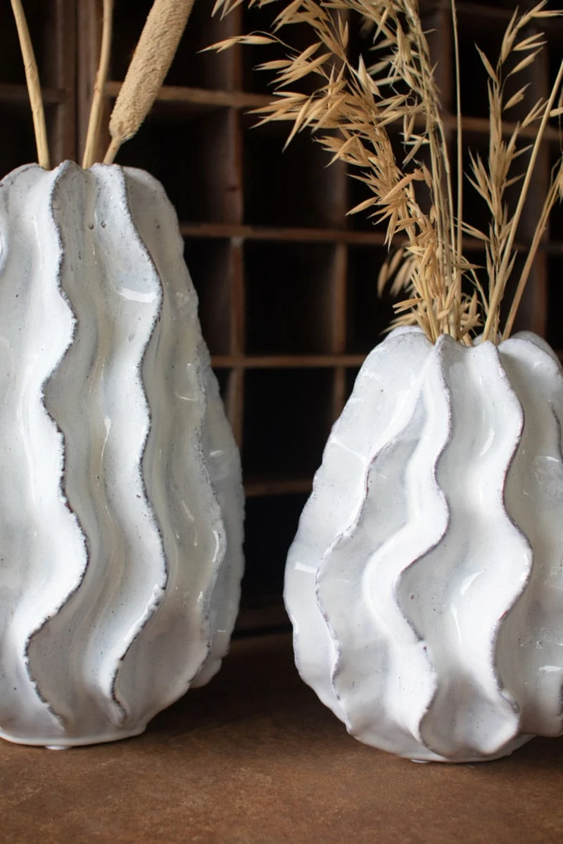 Ceramic Ruffle Vase 14.5"H – Large, White Decorative Vase by Kalalou