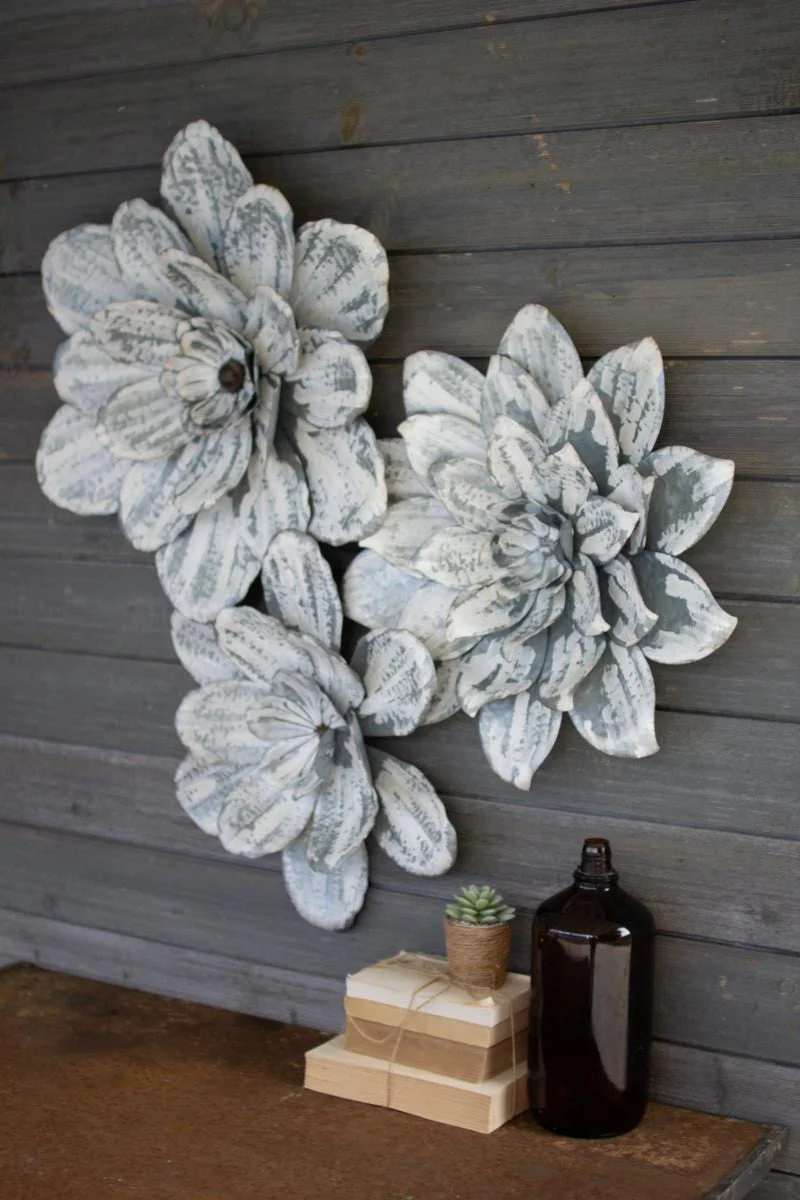 White-Washed Metal Wall Flowers 23"H Distressed White Transitional Wall Decor, Set of Three  by Kalalou