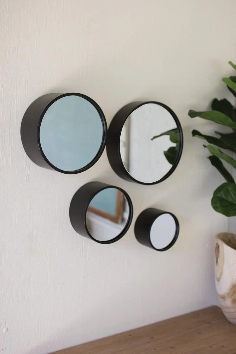 Kalalou CMN1377 Set Of Four Round Metal Wall Mirrors - Antique Black