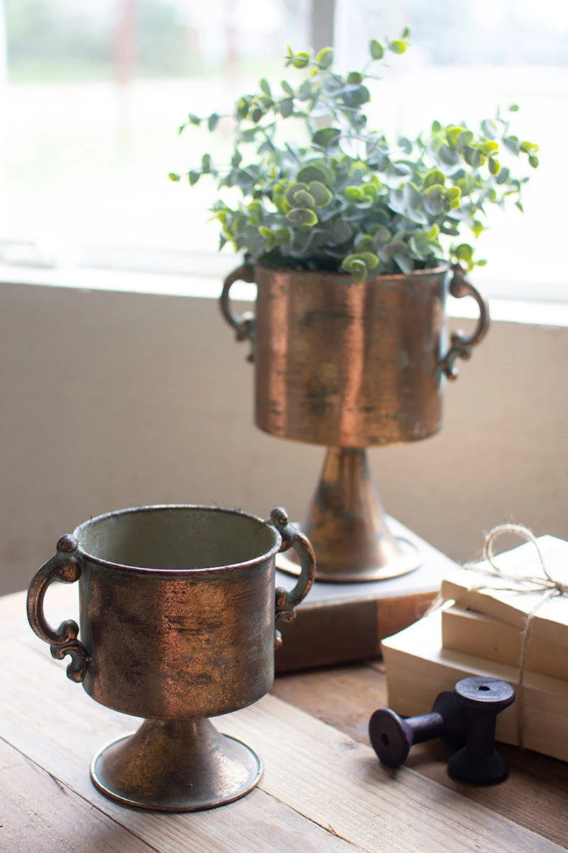 Antique Copper Finish Planters 9"H Brown – Set of Two Metal Vintage Decorative Accent Pots By Kalalou