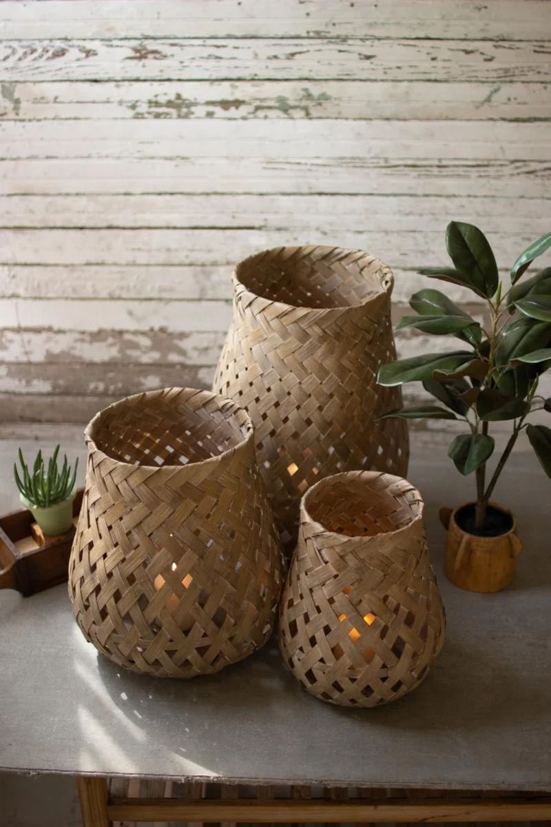 Woven Basket Candle Lanterns – Set of Three Glass Holders by Kalalou
