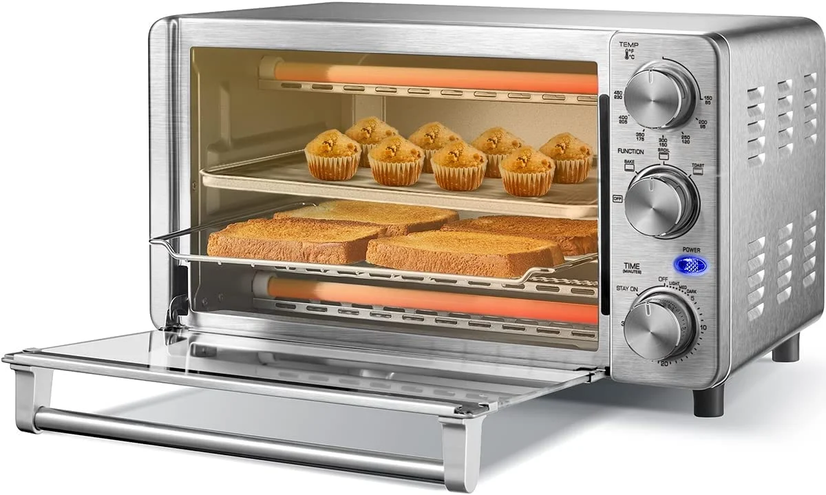 COMFEE’ 4 Slice Small Toaster Oven Countertop, 12L with 30-Minute Timer, 3-In-One, Bake, Broil, Toast, 1100 Watts, Dual heating element, Stainless Steel(CFO-BG12(SS))