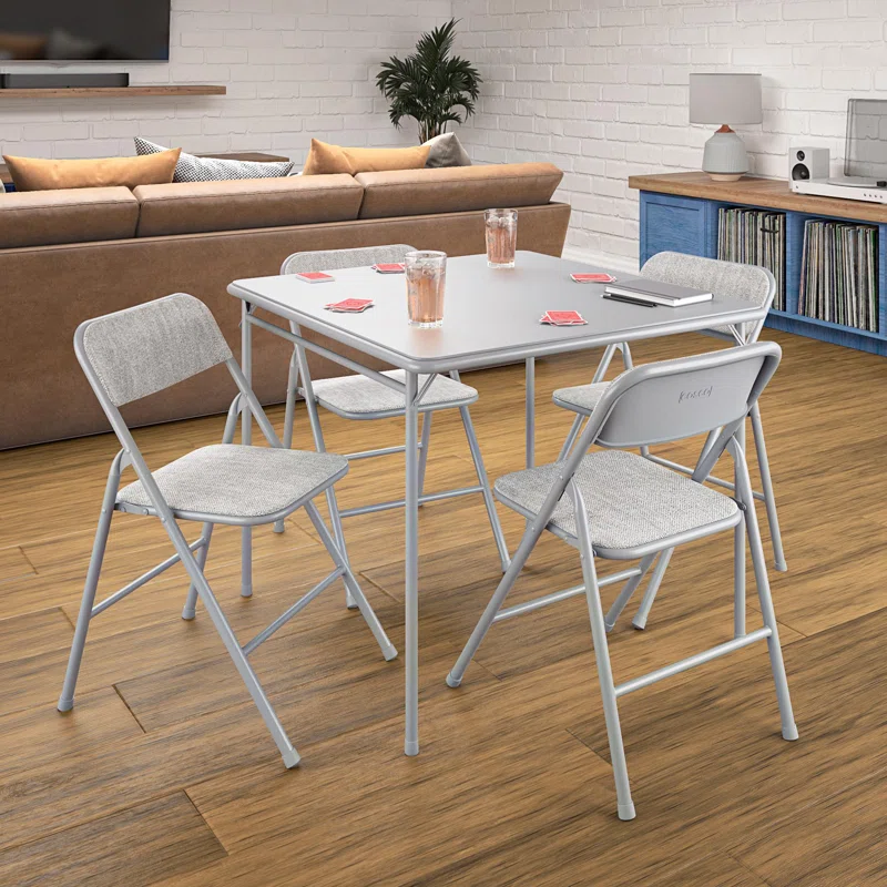 COSCO 14551GRY1E Premium 5-Piece Table & Chair Dining Set, with 34″ Vinyl Top Card Table and 4 Fabric Padded Seat & Back Folding Chairs, Gray