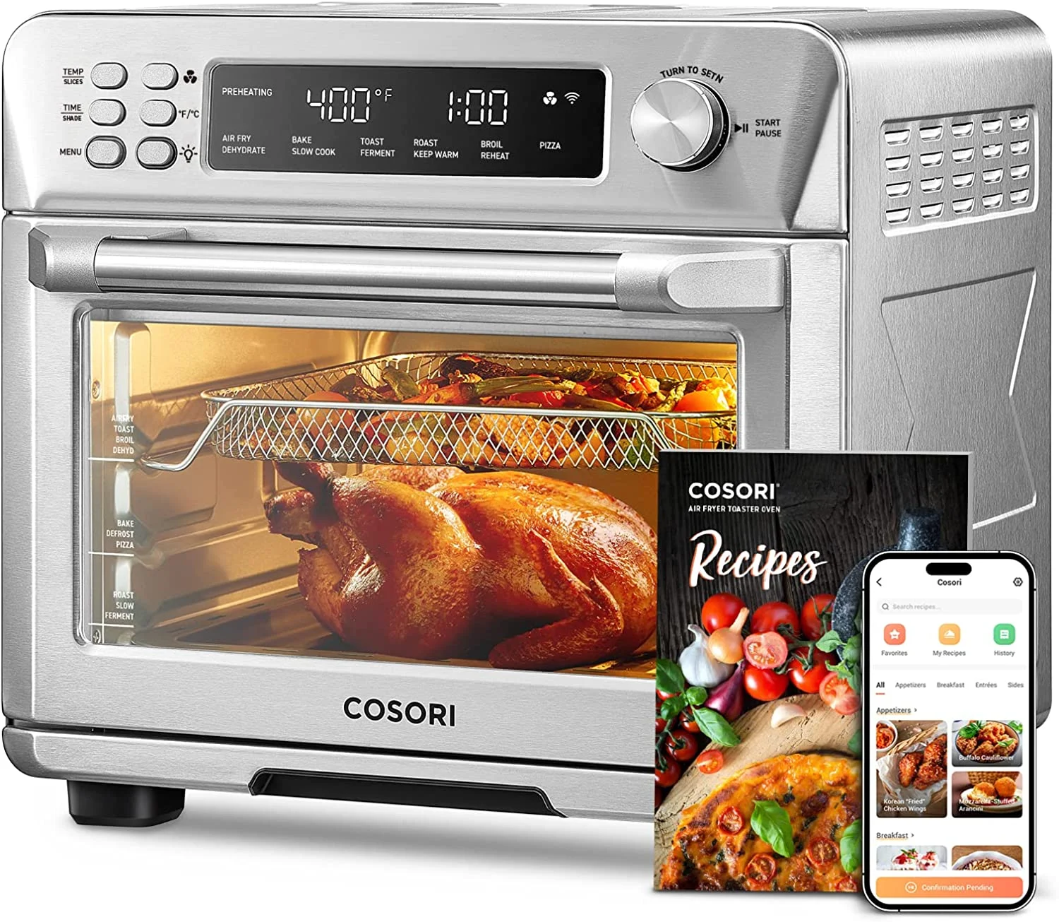 COSORI Toaster Oven Air Fryer Combo, 12-in-1, 26QT Convection Oven Countertop, Stainless Steel with Toast Bake and Broil, Smart, 6 Slice Toast, 12” Pizza, 75 Recipes&Accessories