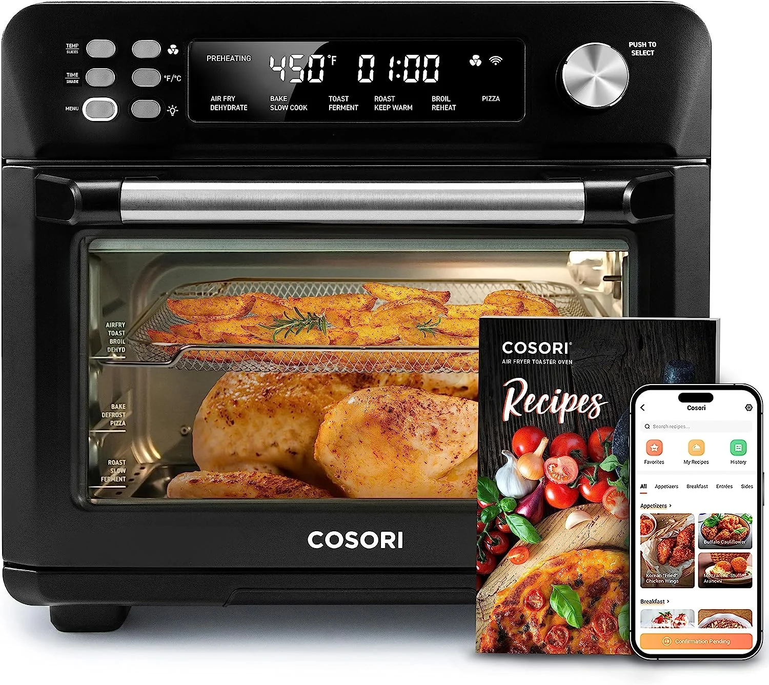 COSORI Toaster Oven Air Fryer Combo, 12-in-1, 26QT Convection Oven Countertop, with Toast, Bake, and Broil, Smart, 6 Slice Toast, 12” Pizza, 75 Recipes&Accessories, Black