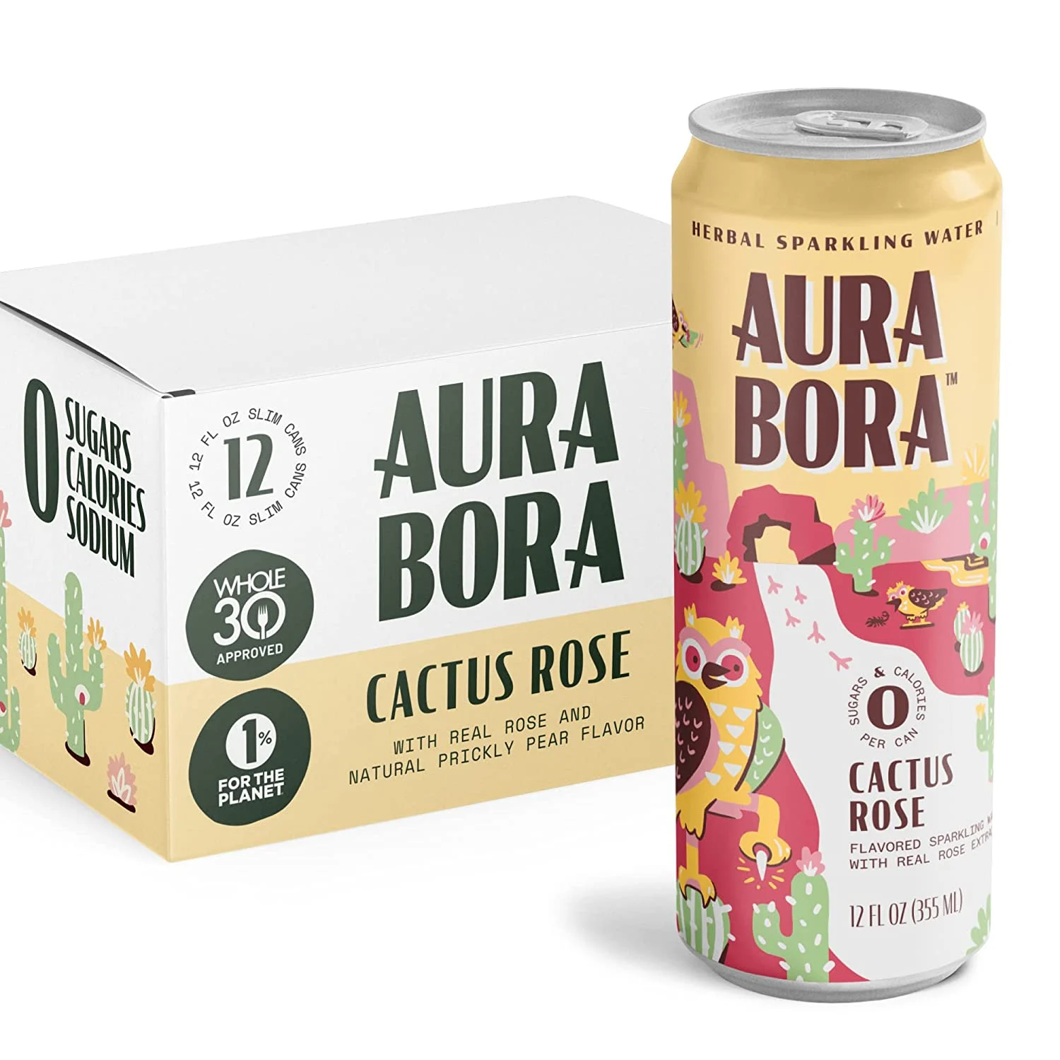 Cactus Rose Herbal Sparkling Water by Aura Bora 12 oz Can (Pack of 12), 0 Calories, 0 Sugar, 0 Sodium, Non-GMO