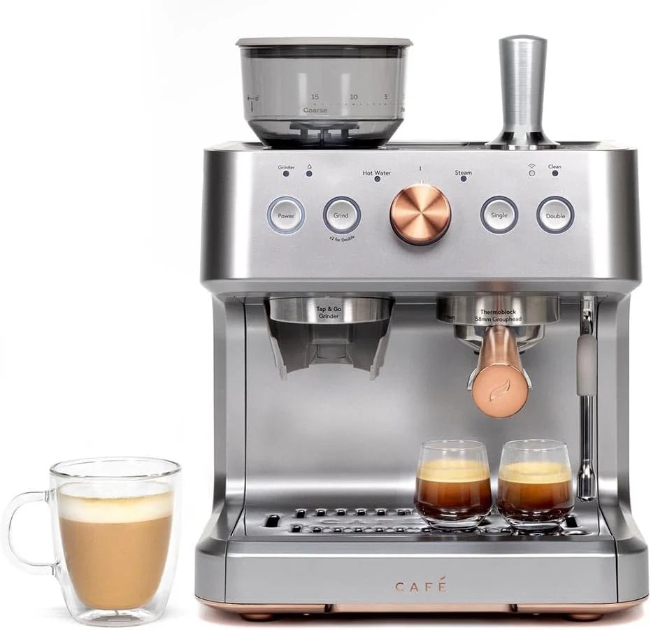 Café C7CESAS2RS3 Bellissimo Semi Automatic Espresso Machine + Milk Frother, WiFi Connected, Steel Silver