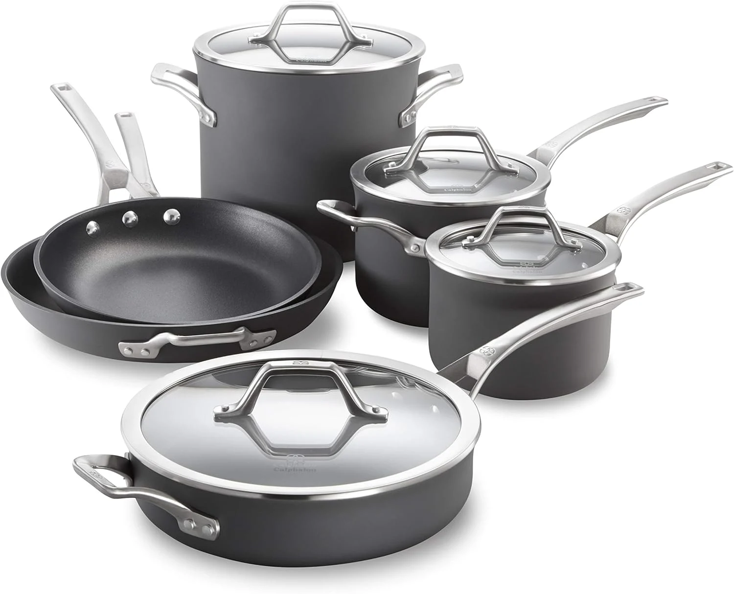 Calphalon 10-Piece Nonstick Kitchen Cookware Set Stay-Cool Stainless Steel Handles Dishwasher and Metal Utensil Safe Oven-safe up to 500 degrees F PFOA-Free Built to Last Black