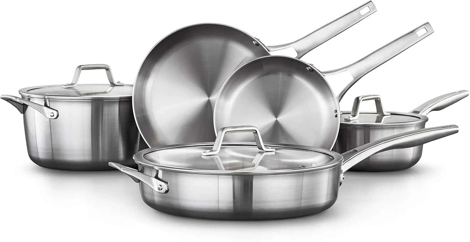Calphalon 3-Ply Stainless Steel Cookware Set 8 Piece Includes Frying Pans, Pots and Pans Set, Induction, Metal Utensil Safe, Oven Safe 500F,PFOA Free, Silver